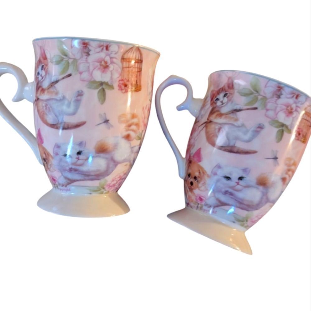 Vintage Summer River‎ Pastel Floral Cat Dog Art Tea Cup Set Of 2